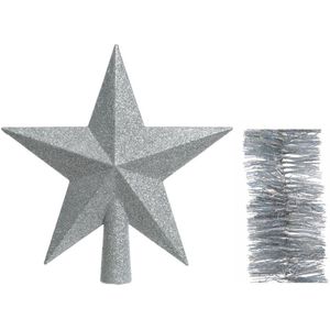 Kerstversiering kunststof glitter ster piek 19 cm en glitter folieslingers pakket zilver van 3x stuks - Kerstboomversiering