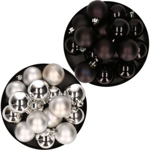 Kerstversiering kunststof kerstballen kleuren mix zwart/ zilver 4 en 6 cm pakket van 80x stuks