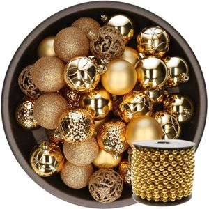 Kerstballen 6 cm - incl. kralenslinger 10 m - goud - kunststof
