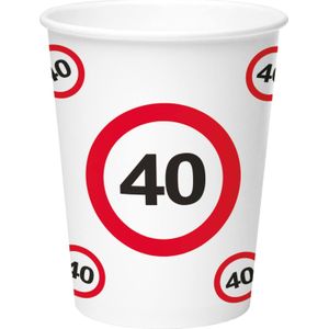 8x stuks drinkbekers van papier in 40 jaar verjaardag print van 350 ml - Stopbord/verkeersbord thema