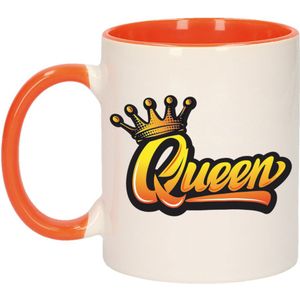 Koningsdag Queen met kroon beker / mok - oranje met wit - 300 ml