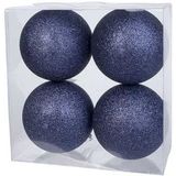 4x Donkerblauwe kunststof kerstballen 10 cm - Glitter - Onbreekbare plastic kerstballen - Kerstboomversiering donkerblauw