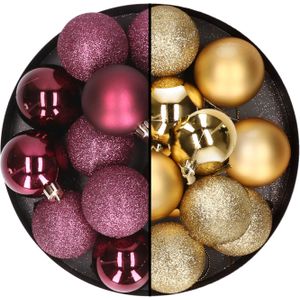 24x stuks kunststof kerstballen mix van aubergine en goud 6 cm - Kerstversiering