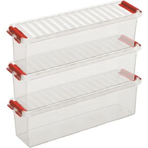 3x Sunware Q-Line opberg boxen/opbergdozen 1,3 liter 27 x 8,4 x 9 cm kunststof - Langwerpige/smalle opslagbox - Opbergbak kunststof transparant/rood