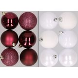 12x stuks kunststof kerstballen mix van aubergine en wit 8 cm - Kerstversiering