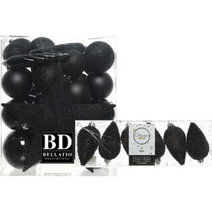 Kerstversiering kunststof kerstballen en hangers zwart 5-6-8 cm pakket van 39x stuks - Met ster vorm piek van 19 cm