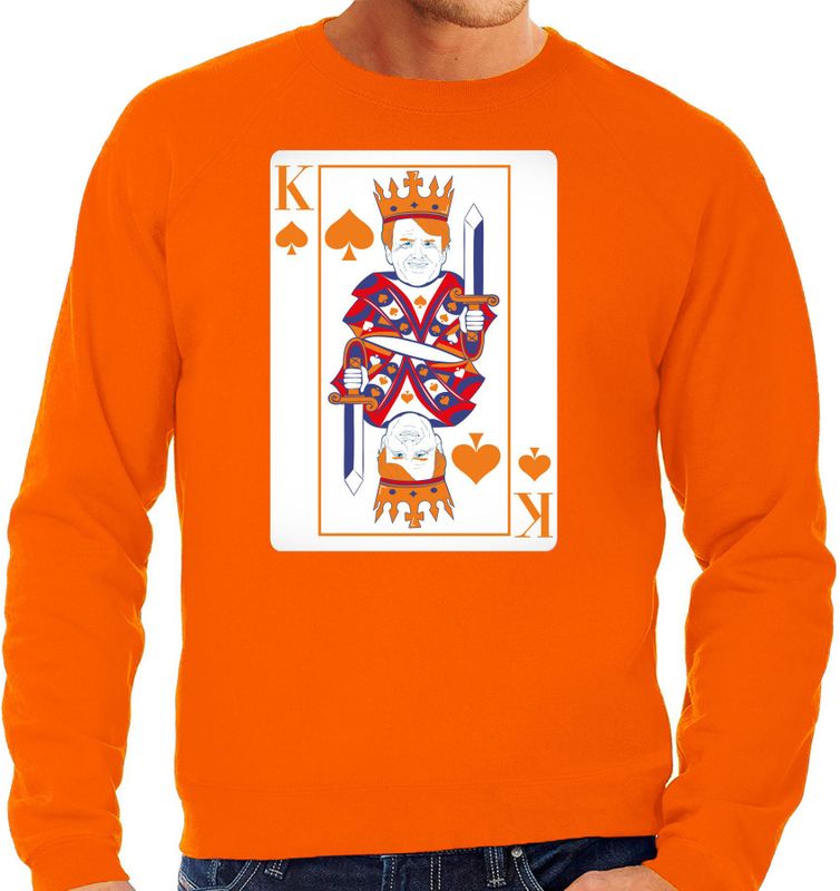 Bellatio Decorations Koningsdag sweater voor heren - kaarten koning - oranje - feestkleding