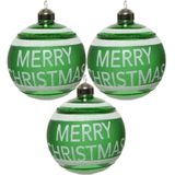 3x Groene glazen kerstballen Merry Christmas 8 cm - Groene kerstballen kerstversiering van glas