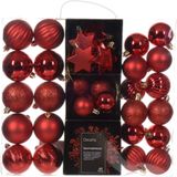 Kerstversiering set - rood - kerstballen, ornamenten en folie slinger - kunststof