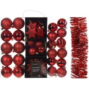 Kerstversiering set - rood - kerstballen, ornamenten en folie slinger - kunststof