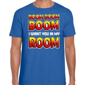 Bellatio Decorations Foute party t-shirt heren - Boom boom boom i want you in my room - blauw -carnaval
