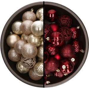 Bellatio Decorations Kerstballen mix - 74-delig - parel champagne en donkerrood - 6 cm - kunststof
