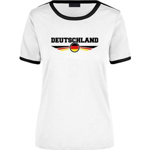 Deutschland wit/zwart ringer landen t-shirt logo met vlag Duitsland - dames - landen shirt - supporter kleding / EK/WK
