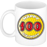 Bellatio Decorations Verjaardag cadeau mok - 100 jaar - geel - sterretjes - 300 ml - keramiek