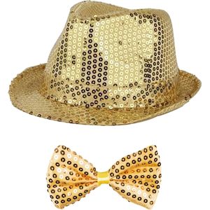 Party carnaval verkleed hoedje en vlinderstrikje - Goud glitters - Verkleedkleding voor volwassenen