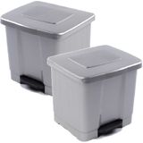 2x stuks dubbele afvalemmer/vuilnisemmer 35 liter met deksel en pedaal - Zilver- vuilnisbakken/prullenbakken - Kantoor/keuken