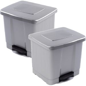 2x stuks dubbele afvalemmer/vuilnisemmer 35 liter met deksel en pedaal - Zilver- vuilnisbakken/prullenbakken - Kantoor/keuken