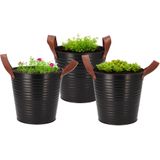 DK Design Plantenpot/bloempot emmer Leather- 3x - zink - zwart - D18 x H17 cm