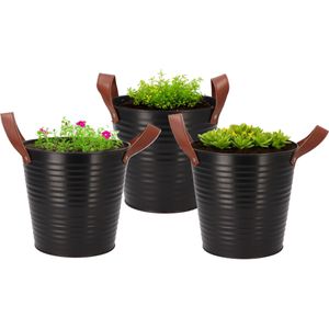 DK Design Plantenpot/bloempot emmer Leather- 3x - zink - zwart - D18 x H17 cm