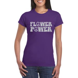 Paars Flower Power t-shirt peace tekens met zilveren letters dames - Sixties/jaren 60 kleding