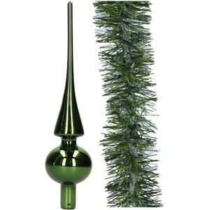 Kerstversiering glazen piek 26 cm glans - met kerstslinger 270 cm - donkergroen