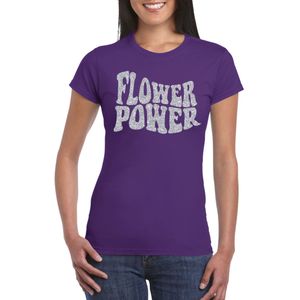 Toppers Paars Flower Power t-shirt met zilveren letters dames - Sixties/jaren 60 kleding