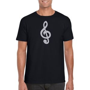 Zilveren muzieknoot G-sleutel / muziek feest t-shirt / kleding - zwart - voor heren - muziek shirts / muziek liefhebber / outfit