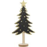 2x stuks kerstdecoratie houten decoratie kerstboom zwart met gouden sterren B18 x H36 cm - Kerstversiering kerstbomen met licht