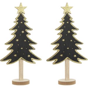 2x stuks kerstdecoratie houten decoratie kerstboom zwart met gouden sterren B18 x H36 cm - Kerstversiering kerstbomen met licht