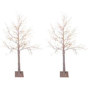 2x stuks verlichte figuren witte lichtboom/metalen boom/berkenboom met 120 led lichtjes 130 cm  - Kerstversiering/kerstdecoratie