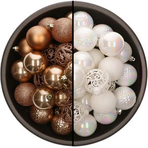 Bellatio Decorations Kerstballen mix - 74-delig - parelmoer wit en camel bruin - 6 cm - kunststof