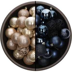 Bellatio Decorations Kerstballen mix - 74-delig - parel champagne en donkerblauw - 6 cm - kunststof