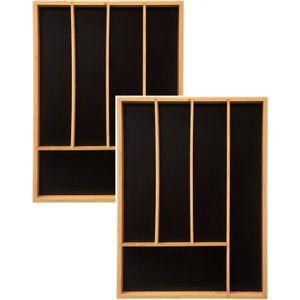 Set van 2x stuks bestekbakken/keuken organizers 5-vaks zwart bamboe - 34 x 25 cm
