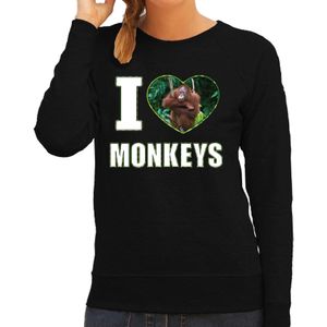 I love monkeys trui met dieren foto van een Orang oetan aap zwart voor dames - cadeau sweater apen liefhebber
