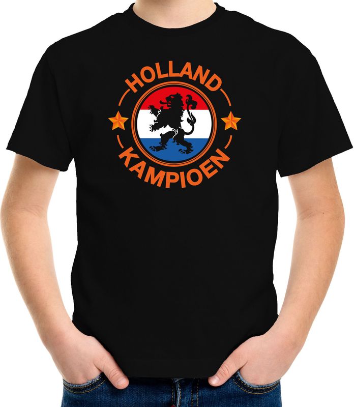 Zwart fan t-shirt voor kinderen - Holland kampioen met leeuw - Nederland supporter - EK/ WK shirt / outfit