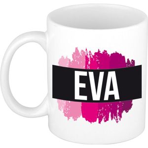Eva  naam cadeau mok / beker met roze verfstrepen - Cadeau collega/ moederdag/ verjaardag of als persoonlijke mok werknemers