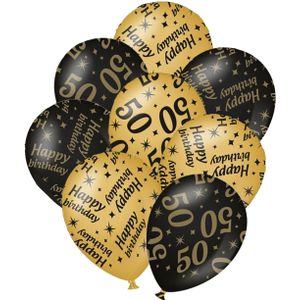 Verjaardag ballonnen - 50 jaar en happy birthday 12x stuks zwart/goud