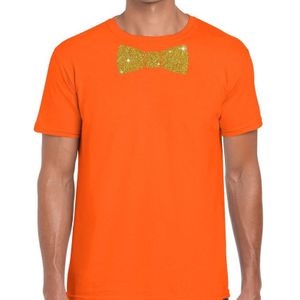 Oranje fun t-shirt met vlinderdas in glitter goud heren