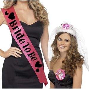 Set Roze Bride to Be vrijgezellenfeest sjerpen / tiara met witte sluier