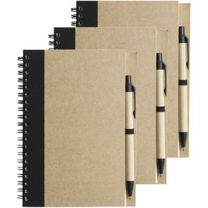 Notitie/opschrijf boekje met balpen - 6x - harde kaft - beige/zwart - 18x13cm - 60blz gelinieerd - blocnotes