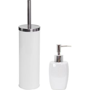 MSV Toiletborstel in houder 38 cm/zeeppompje badkamer accessoires set Montreal - RVS/keramiek - wit