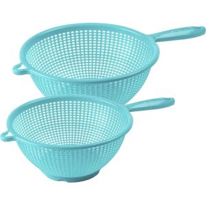 PlasticForte Keuken vergieten/zeef met steel - 2x stuks - kunststof - Dia 22/24 cm - blauw