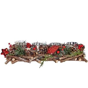 Kerst thema kaarsenhouder zilver ornament red/green nature 40 x 16 x 8 cm - Voor 4x kaarsjes - Tafel decoratie
