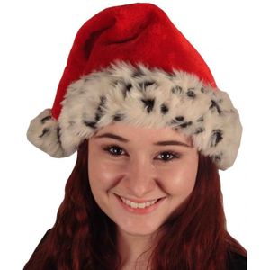 Luxe pluche kerstmuts rood met luipaard print voor volwassenen - Kerstaccessoires/kerst verkleedaccessoires