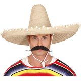 Carnaval verkleed set - Mexicaanse sombrero hoed 60 cm met plaksnor - naturel - heren