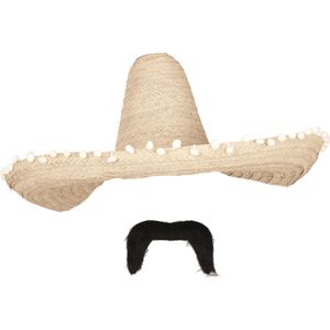 Carnaval verkleed set - Mexicaanse sombrero hoed 60 cm met plaksnor - naturel - heren