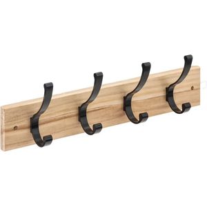 5Five Kapstok rek voor wand/muur - lichtbruin/zwart - 4x ophanghaken - MDF/metaal - 42 x 8 cm