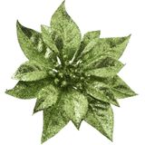4x stuks decoratie bloemen kerststerren groen glitter op clip 18 cm - Decoratiebloemen/kerstboomversiering