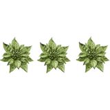 4x stuks decoratie bloemen kerststerren groen glitter op clip 18 cm - Decoratiebloemen/kerstboomversiering