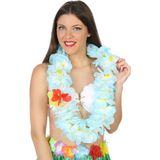 Carnaval verkleed set - Tropische Hawaii party - strohoed - met volle bloemenslinger in lichtblauw - voor volwassenen